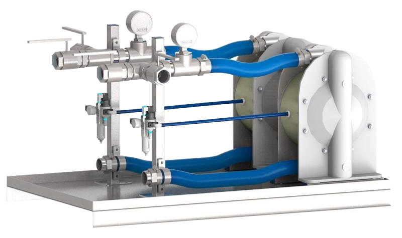 2xT120: Compact assembly on a support frame with a drip pan. Ball valves and pressure indicators included to meet customer’s needs.