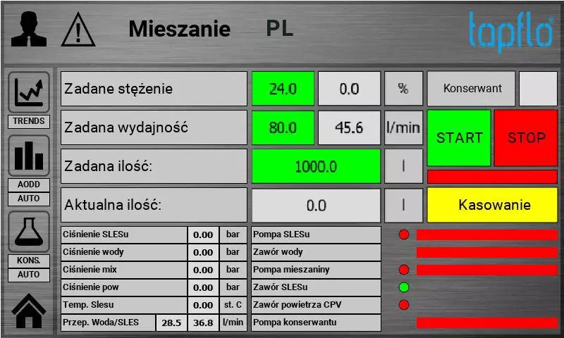 Ekran główny z parametrami i informacjami o stanie
